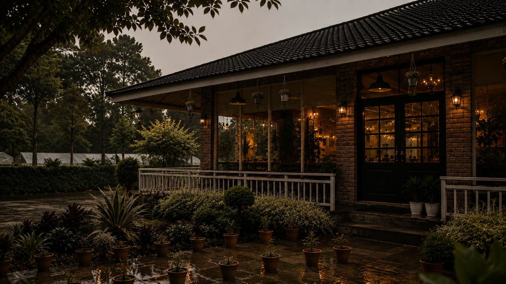 Otium Cookhouse — warm evening glow through glass doors of a brick cottage surrounded by lush garden